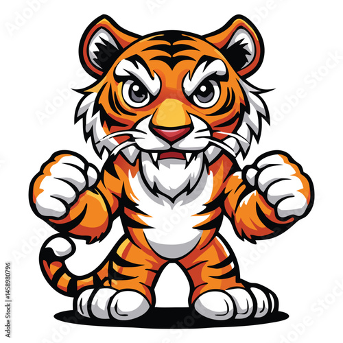 Ferocious tiger cartoon character stands defiantly with its fists clenched, displaying a strong presence