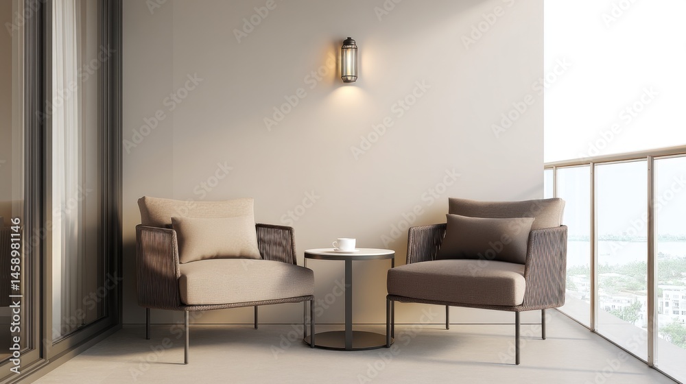 Fototapeta premium small mocha balcony full view, two taupe lounge chairs, soft beige wall, round table, matte floor, ambient wall light, cozy peaceful setting