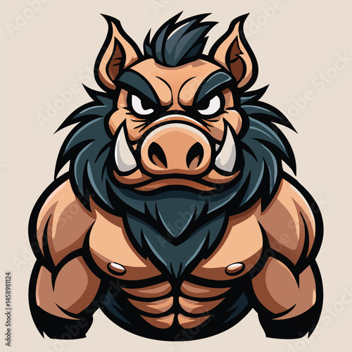 Cartoon boar with massive musculature glares menacingly, boasting its formidable build and sharp tusks