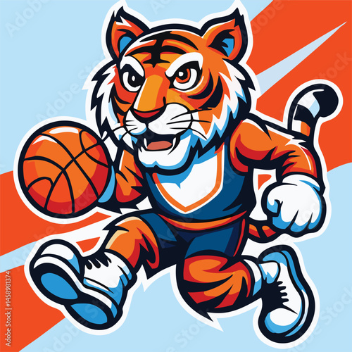 Orange tiger mascot bounds dynamically dribbling a basketball with energetic stripes in the background