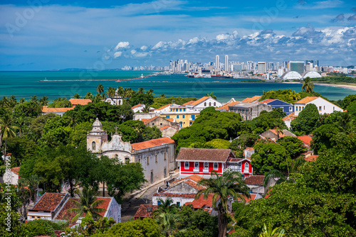 Bild auf Leinwand Panoramic View of Historic Olinda with the Skyline of Recife and the Atlantic Ocean in the Background, Pernambuco, Brazil, on May 4, 2025