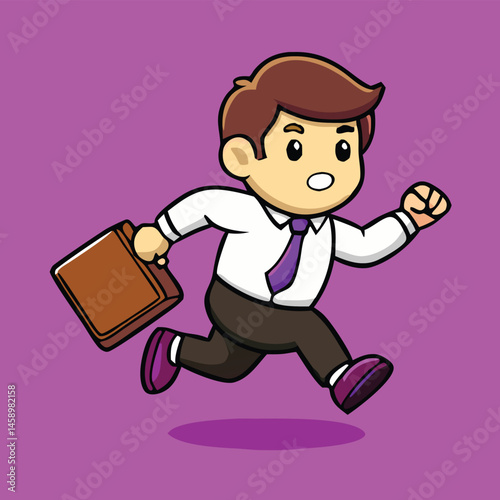 Cartoon businessman with briefcase is actively running on a bright purple background