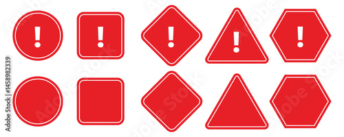 Collection of warning signs, caution signs, alert signs, red signs, white exclamation mark, different shape vector illustration road sign design element vector on white background