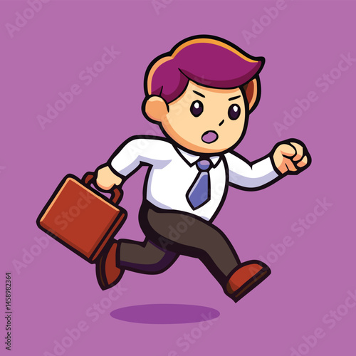 Animated man with purple hair runs holding a briefcase on a violet background