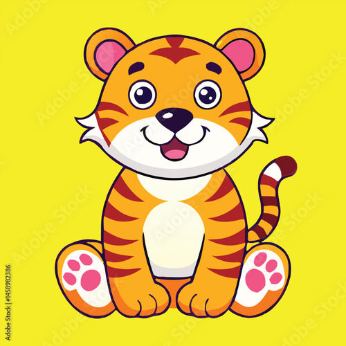Cheerful cartoon tiger cub sits with a bright yellow background, showing striped tail