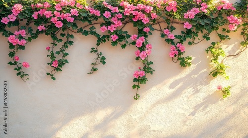 Pink flowers cascading down a light beige wall