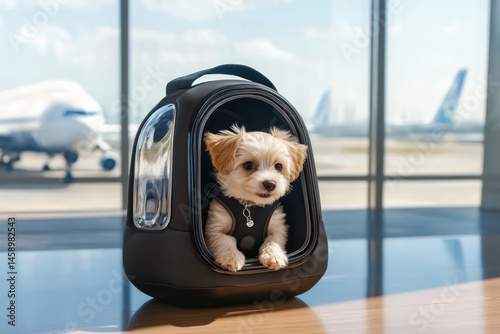 Puppy inside pet travel backpack at airport gate photo
