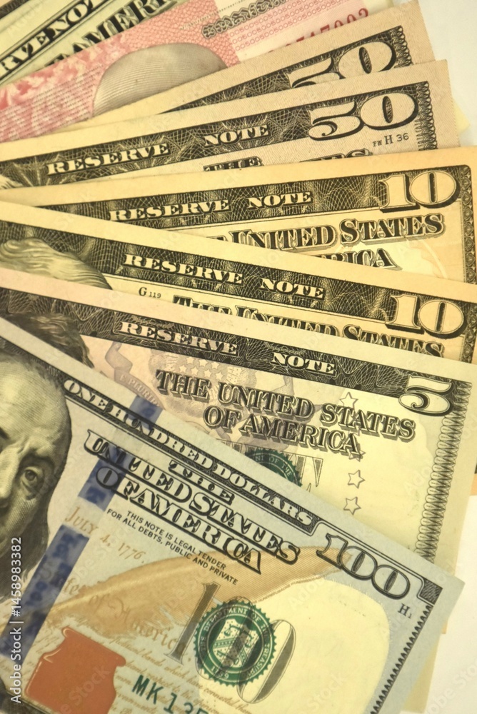 variety value of US dollar banknote arranging on white background