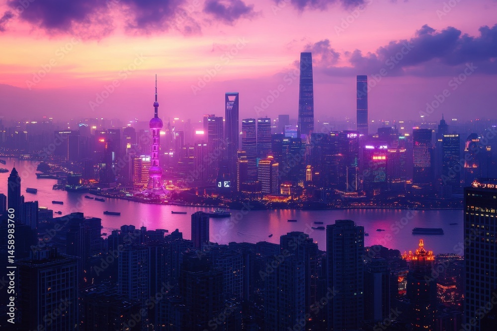 Fototapeta premium Investment opportunities in shanghai's dusk skyline a captivating view of neon lights reflecting on the huangpu river with urban landscapes and financial growth concepts