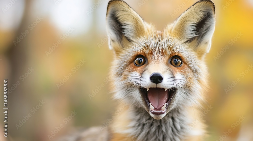 Close-up portrait of a red fox with open mouth, showing sharp teeth and a playful expression, set against a blurred autumnal background of yellow and brown foliage. : Generative AI Close-up portrait of a red fox with open mouth, showing sharp teeth and a playful expression, set against a blurred autumnal background of yellow and brown foliage. : Generative AI