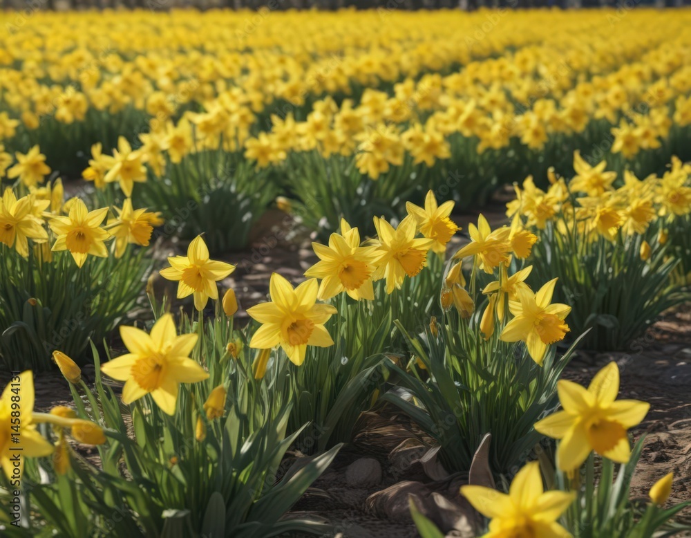 Obraz premium Sunlit daffodil field, vibrant yellow blooms, spring freshness, daffodils, background