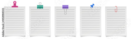 Set of white paper notes with binder clips, bulldog clip, paper clip and push pin. White sheets of lined paper. Pink, green, blue, purple and red holders