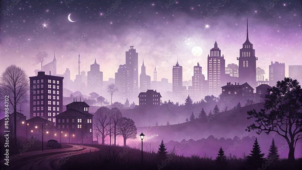Fototapeta premium city, purple lights, dusk, fog, paper cut style, city silhouette, gradient purple background, only city., skyline, silhouette, building, cityscape, architecture, urban, illustration, buildings, black,