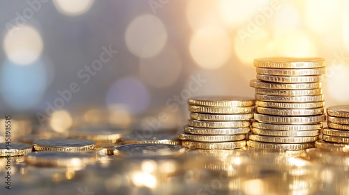 Close-up shot of three stacks of gold coins, increasing in height, against a bokeh background of warm, soft light, symbolizing financial growth and wealth. : Generative AI