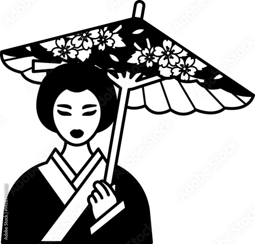 black and white illustration of Japanese woman in kimono holding traditional umbrella