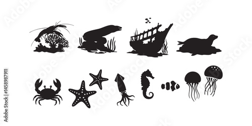 Sea Life Silhouettes � Crab, Starfish, Jellyfish & Nautical Elements in Marine Theme Vector Art
