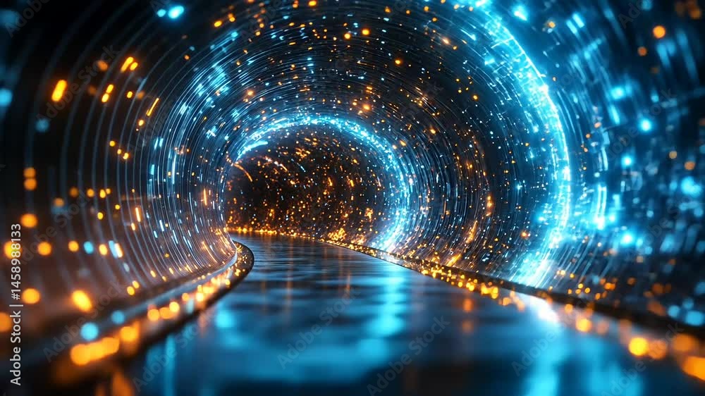 Futuristic tunnel with glowing lights and reflections (1)