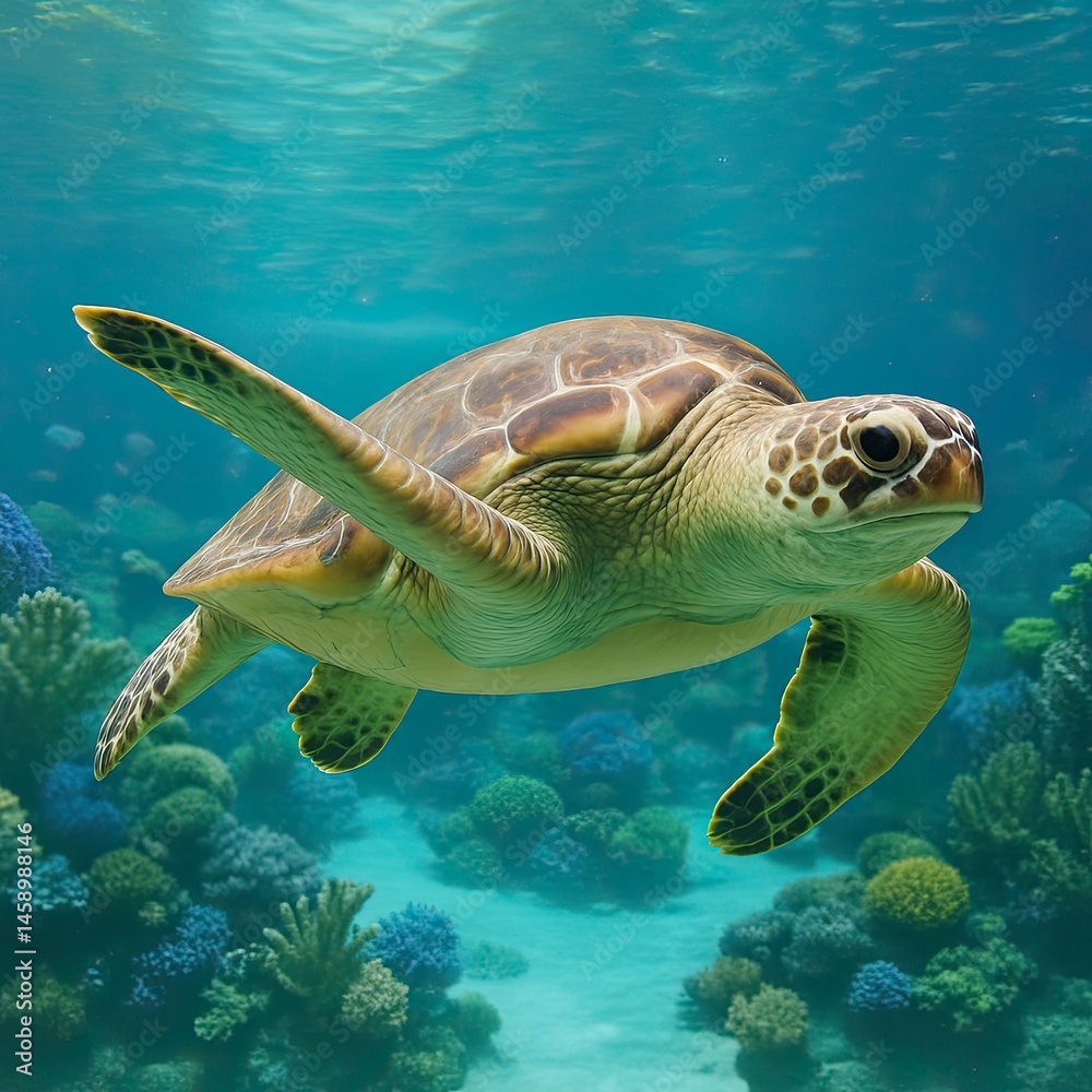 Fototapeta premium Beautiful yellow turtle swimming on the coral reef