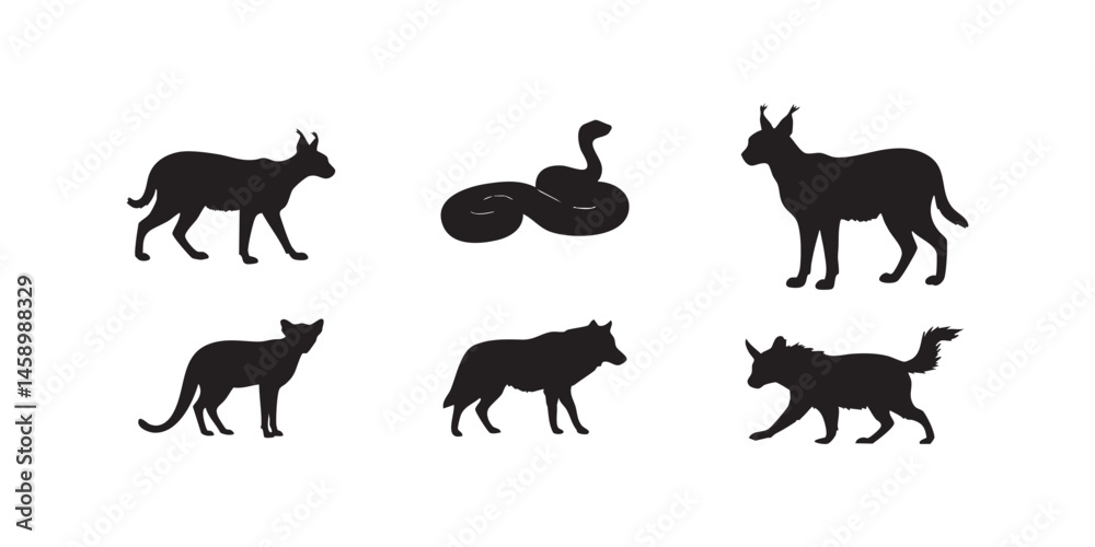 Obraz premium Wild Cat & Snake Silhouettes � Stalking & Alert Poses on White Background Vector Art