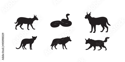 Wild Cat & Snake Silhouettes � Stalking & Alert Poses on White Background Vector Art