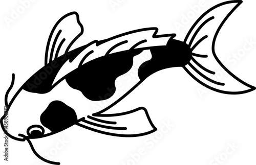 black and white illustration icon of a koi fish