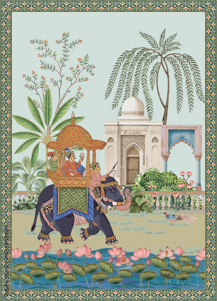 custom made wallpaper toronto digitalIndian Mughal king on ornate elephant, palace garden and lotus lake garden with border illustration