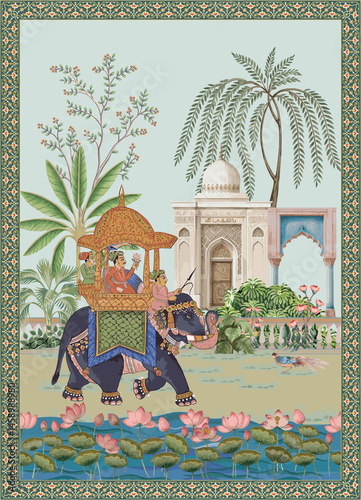 Wallpaper Mural Indian Mughal king on ornate elephant, palace garden and lotus lake garden with border illustration Torontodigital.ca