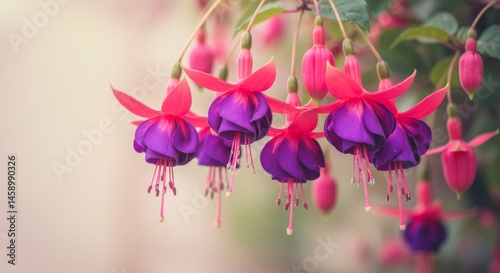 A close-up view of vibrant fuchsia blossoms in shades of pink and purple.