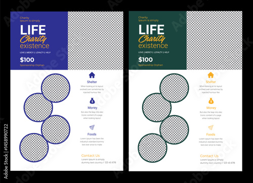 Flyer for charity, fundraising, money collecting, charity event management, help people, homeless, child, orphans, clean, a4, professional brochure design template Template of donation charity flyer.