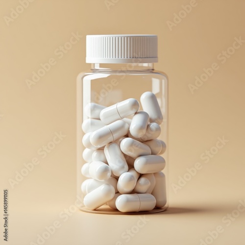 Clear bottle with white pills or Bottle of medication on table