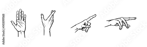 Line Drawings Featuring Hand Gestures, Including Open Palm, Fingers Crossed, and Pointing, Isolated on White Background