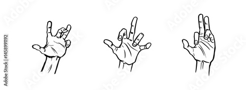 Isolated Hand Gestures: Variety of Expressive Hand Positions in Graphic Style on White Background; Digit, Palm, Wrist