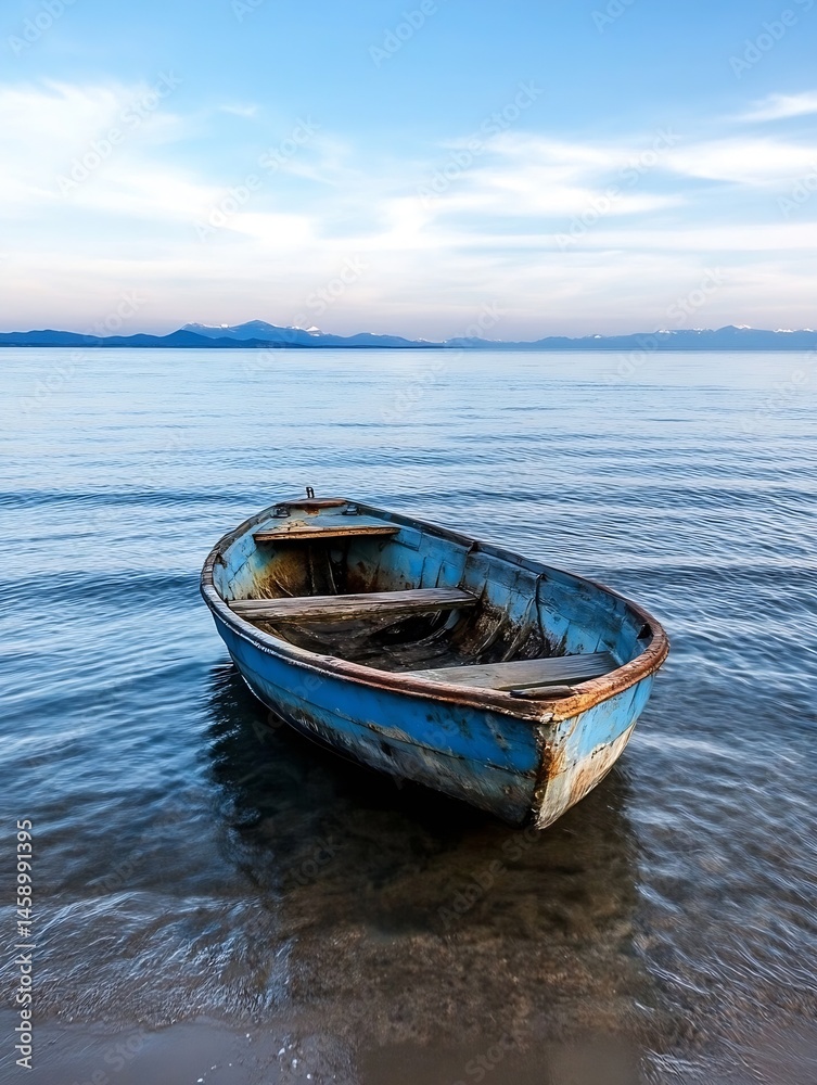 A weathered blue rowboat rests gently in calm lake water, mountains and a tranquil sky forming a serene backdrop. : Generative AI A weathered blue rowboat rests gently in calm lake water, mountains and a tranquil sky forming a serene backdrop. : Generative AI
