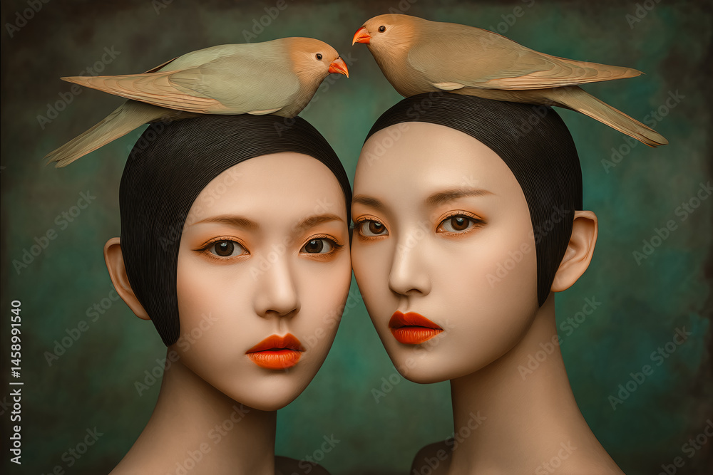 Portrait de deux filles avec un oiseau sur la tête