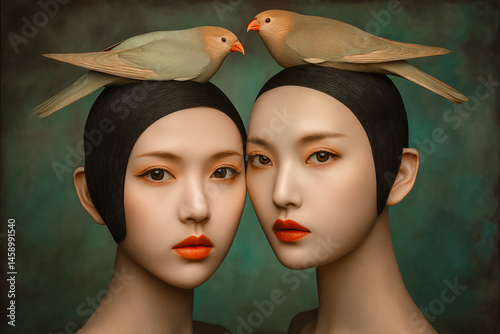 Obraz na płótnie Portrait de deux filles avec un oiseau sur la tête w salonie