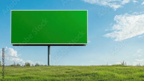 Blank green billboard in grassy field under blue sky