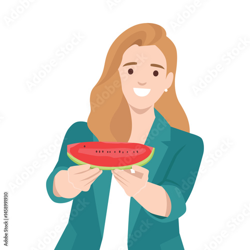 Happy woman in a teal jacket cheerfully presents a fresh slice of watermelon. Flat vector illustration isolated on white background