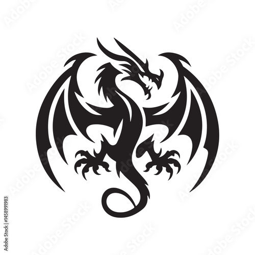 Black tribal dragon tattoo vector in silhouette style, ideal for fantasy artwork, tattoo templates, stickers, and mythical creature themes.