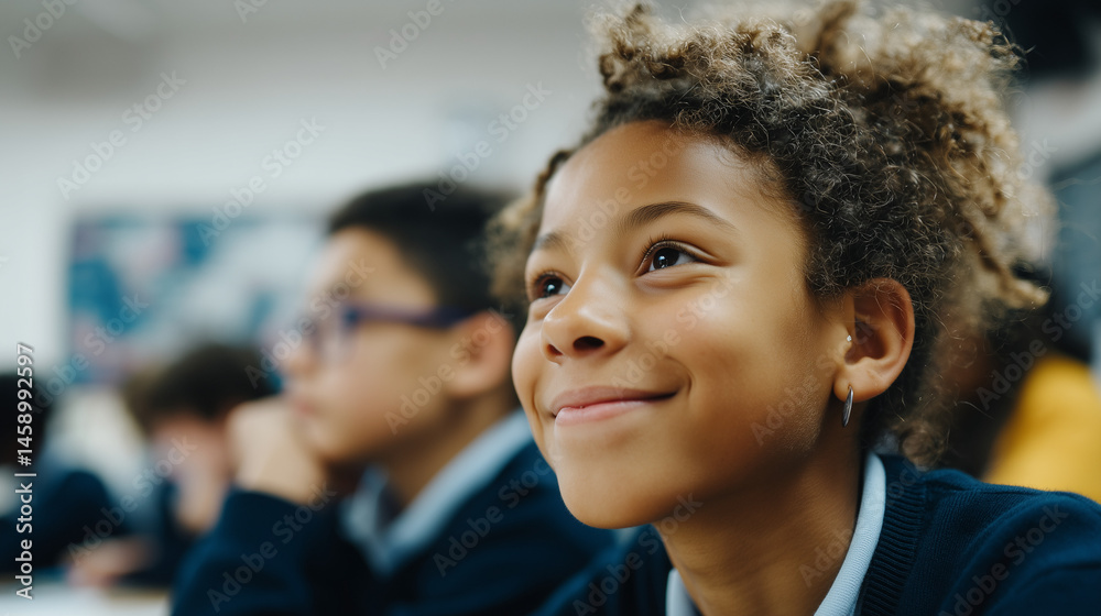 Obraz premium A bright classroom where students are happily using free learning materials provided through public education funding, close up shot, space for text 