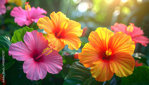 Hibiscus Blooms in Sunshine: A trio of vibrantly colored hibiscus flowers basks in the warm glow of the sun, their delicate petals unfurling with captivating beauty and natural grace.