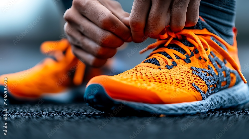 Fototapeta premium Close-up of a Runner Tying Bright Orange Running Shoes
