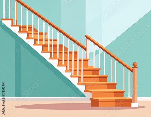 Interior Stairway With Light Teal Wall And Light Wooden Steps