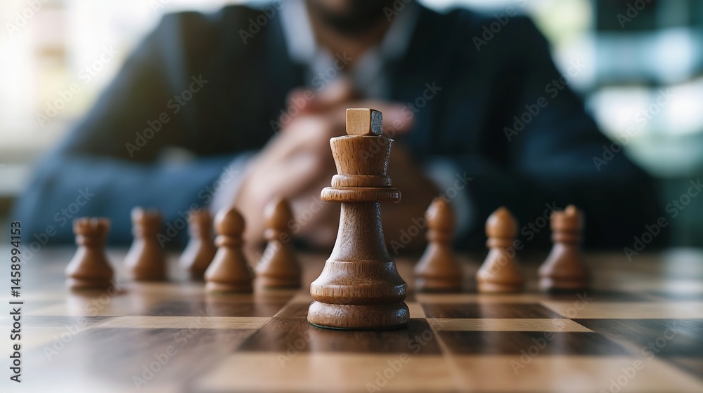 Close-up of a chess king piece on a wooden board, with a blurred businessman in the background, suggesting strategy and leadership. : Generative AI Close-up of a chess king piece on a wooden board, with a blurred businessman in the background, suggesting strategy and leadership. : Generative AI