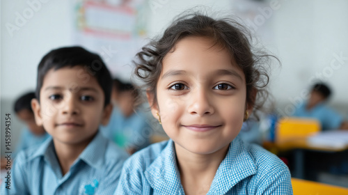 A bright classroom where students are happily using free learning materials provided through public education funding, close up shot, space for text

