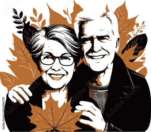 Senior couple enjoying sunset in autumn against foliage  