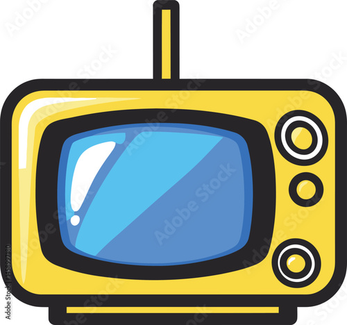 Cartoon retro television vector illustration vintage tv set isolated yellow screen antenna entertainment