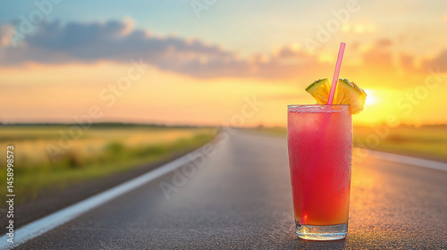 Refreshing tropical cocktail on the side of a country road on a bright sunny day — concept of recreation, travel and summer in nature