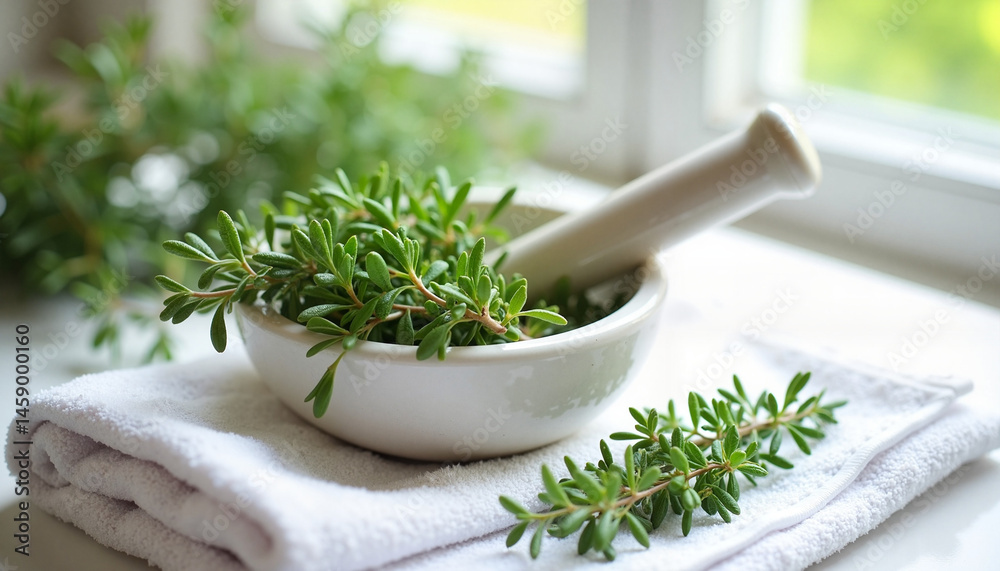 Freshly picked thyme in a mortar for herbal tea picking against a sunny kitchen