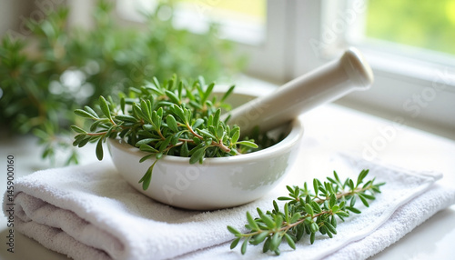Obraz na płótnie Freshly picked thyme in a mortar for herbal tea picking against a sunny kitchen w salonie