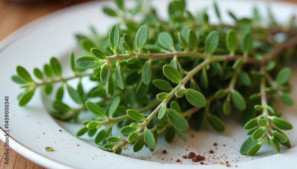 Freshly picked thyme, herbal tea picking on a white plate